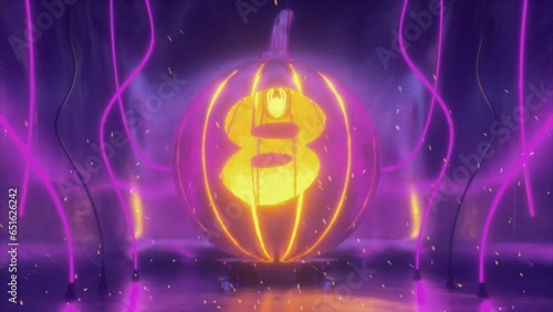 9 to 0 Halloween Countdown with Numbers Cut in Halloween Pumpkin Lamp of Hammered Metal In Neon light and Fire Sparkles. Happy Halloween Message at the End. 4K Dark Futuristic Scene.