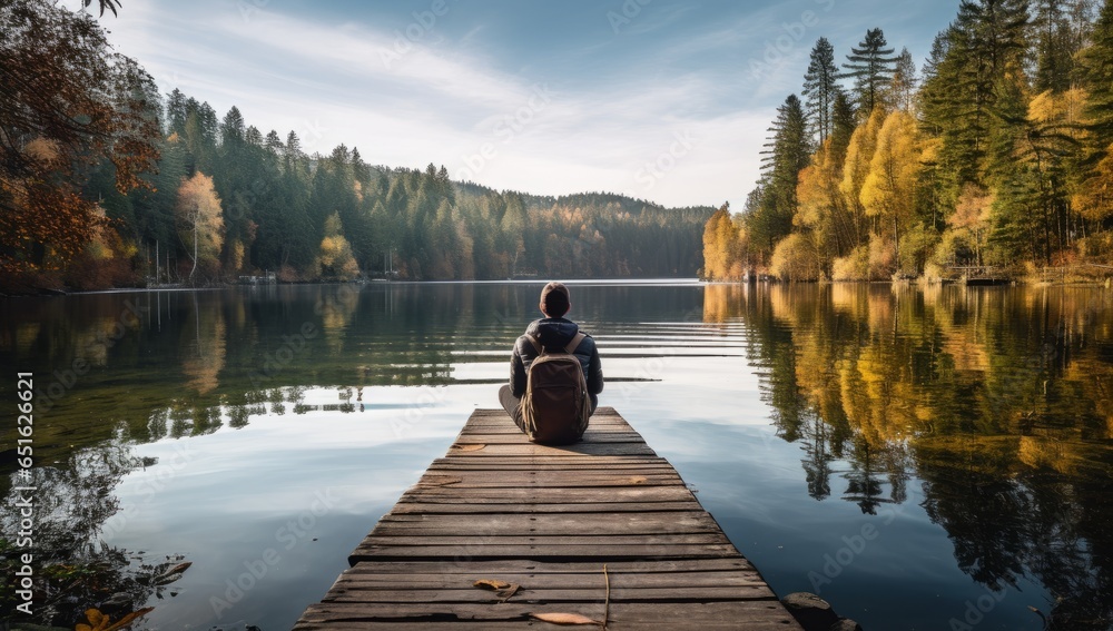 peaceful alone male man adult traveller sit casual relax on wooden deck at the end of deck with stunning reflecting lake with beautiful day nature travel concept - obrazy, fototapety, plakaty 
