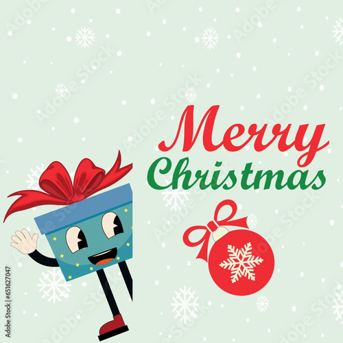Cute groovy card with cartoon gift box in groovy style. Hippie Groovy Xmas sign Merry Christmas. Merry Christmas and Happy New year in trendy groovy hippie style. Vector illustration