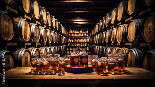 4k wallpaper of Wine, Whiskey, bourbon, and scotch barrels in an ageing facility shelf background. wine cellar for wallpaper. Widescreen 16:9 aspect ratio. high resolution. polished wood barrels.  photo