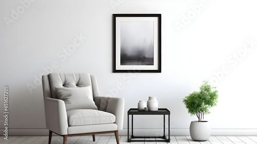 Grey chair and side tables against white wall with poster frame. Industrial style home interior design of modern living room. Generate AI