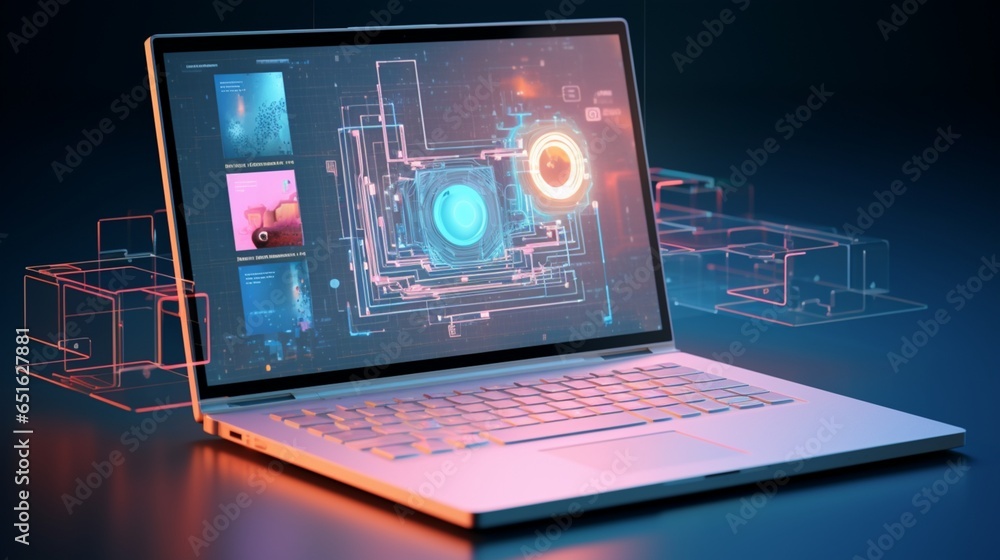 a detailed image of a laptop showcasing a pristine mockup screen, poised for programming, with a hologram hovering nearby, enhancing the coding experience. a detailed image of a laptop showcasing a pristine mockup screen, poised for programming, with a hologram hovering nearby, enhancing the coding experience.