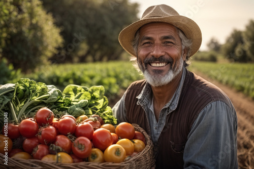 middle aged latin farmer smiling and working in an agricultural field portrait, harvesting tomatoes © anandart