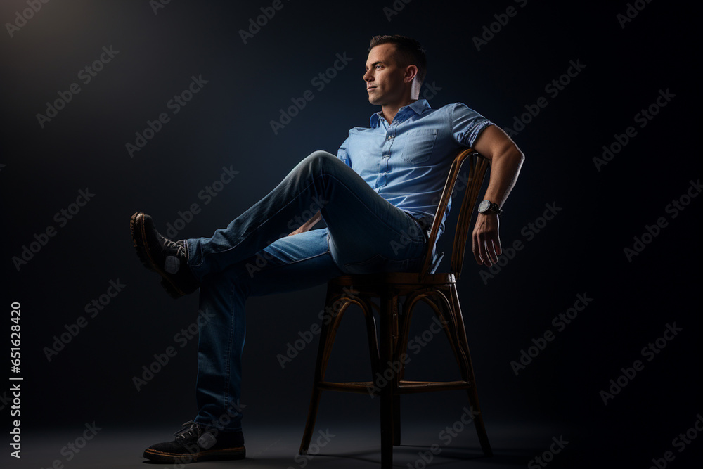 Handsome man wearing jeans sitting in a dark chair with a spotlight