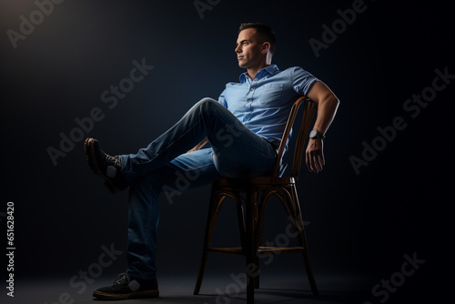 Handsome man wearing jeans sitting in a dark chair with a spotlight