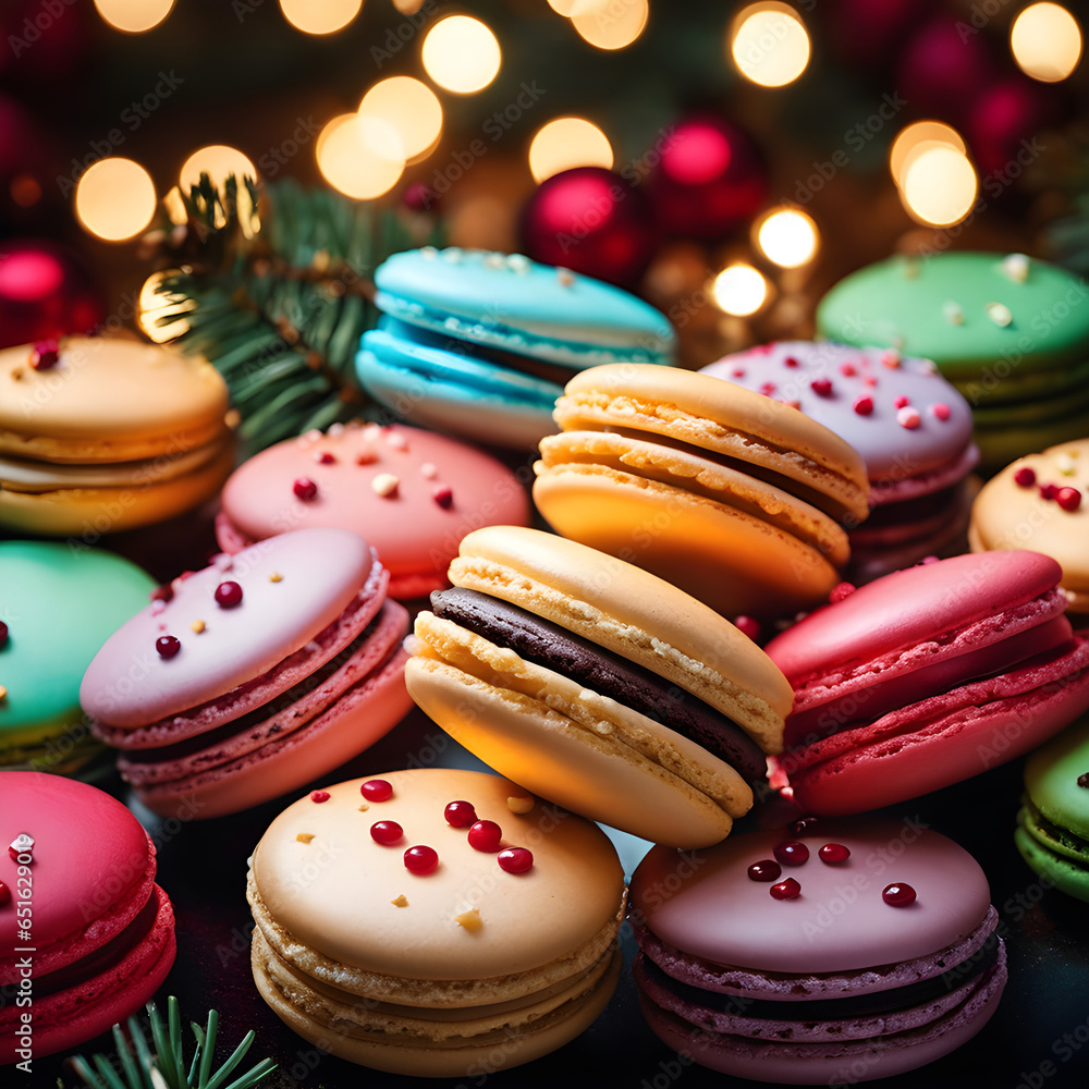 Christmas macarons. New Year's macarons. Colourful holiday sweets.