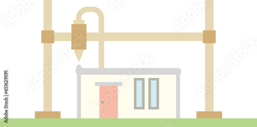 コンパクトな平屋住宅を3Dプリンタで建設しているイラスト