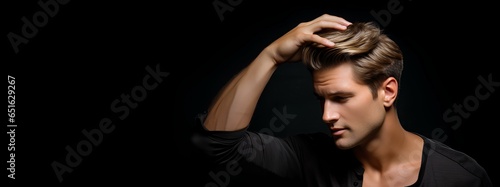 A young man smooths his hair with his hand, hair care, perfect and neat hairstyle and hair styling.