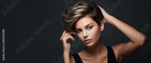 A young attractive woman smooths her hair with her hand, admiring her perfect and neat hairstyle and hair styling.