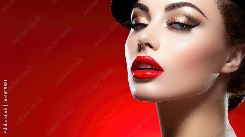 Woman with Striking Makeup, Featuring Red Lips, Posing Gracefully Against a Vibrant Red Background - obrazy, fototapety, plakaty 