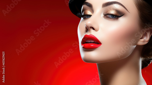 Woman with Striking Makeup, Featuring Red Lips, Posing Gracefully Against a Vibrant Red Background