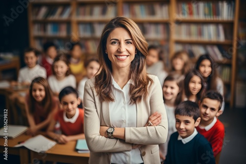 Portrait of female elementary school teacher in classroom