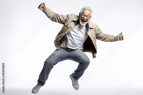 elderly man happy dance on bokeh style background