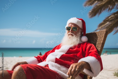 Portrait of Santa Claus relaxing on tropical beach in summer