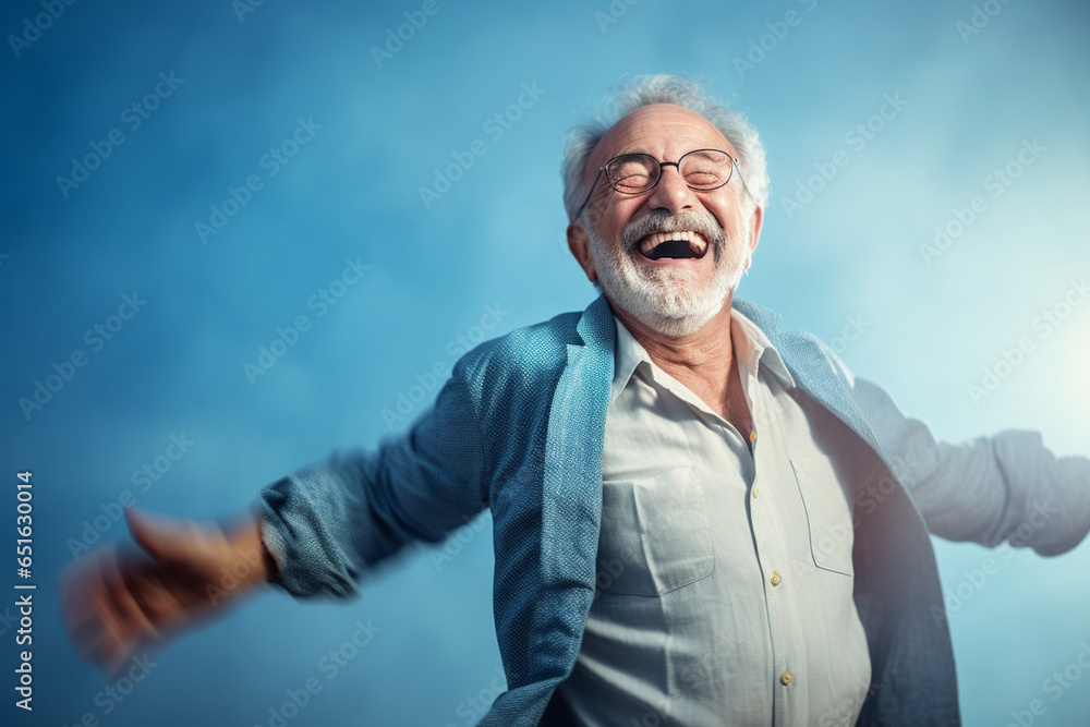 elderly man happy dance on bokeh style background
