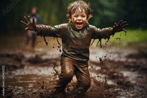 Super excited young child jumping in a puddle of mud outdoors