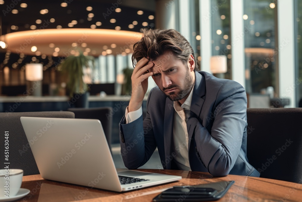 Worried businessman in a hotel lobby Worried businessman in a hotel lobby