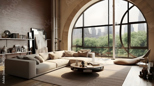 Industrial home interior design of modern living room. Curved sofa beige color against arched window. Generate AI © Muzikitooo