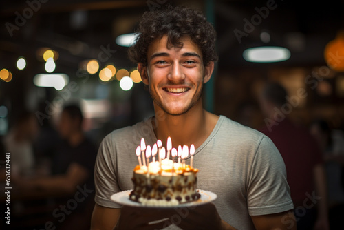 a man holding a birthday cake with several candles on bokeh style background