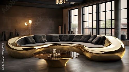 Industrial home interior design of modern living room. Luxury curved sofa and golden coffee table. Generate AI