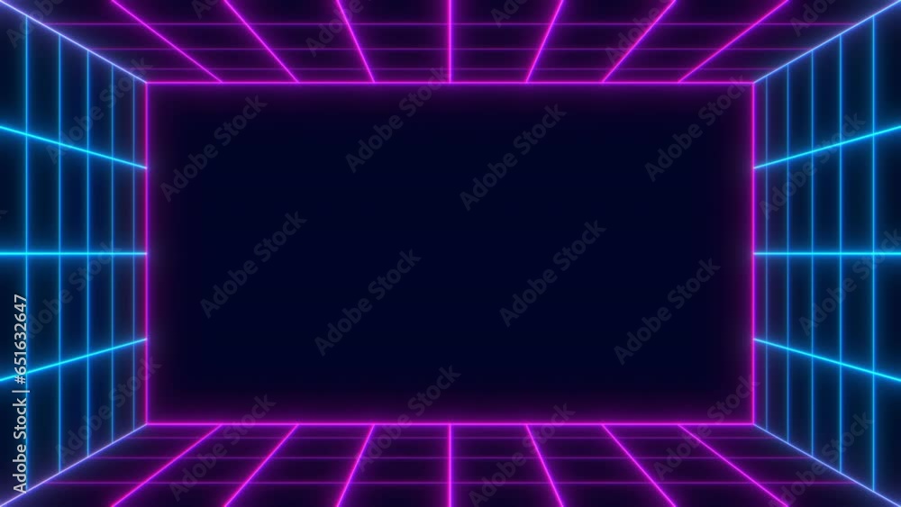 Presenting a seamless loop abstract motion background in a cyber, futuristic, or retro style concept with neon glowing pink and blue grid lines stage frame, perfect for presentations or promotions