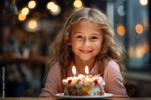 a girl holding a birthday cake with several candles on bokeh style background
