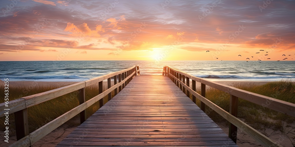 Serene sunset overlooking calm beach. Tranquil beginnings. Peaceful sunrise on ocean shore. Wooden path to paradise. Relaxing beachside boardwalk at dawn