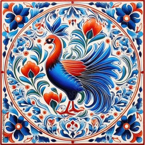 retro vintage ornate ornament tile glazed mosaic pattern floral blue square art book illustration
