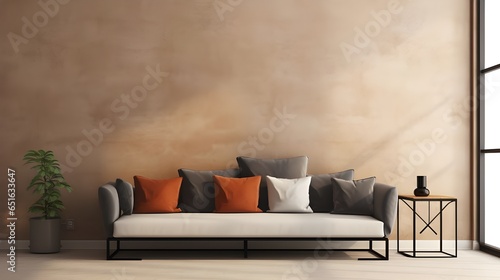 Industrial home interior design of modern living room. Corner sofa with terra cotta pillows against grid window near beige venetian stucco wall. Generate AI
