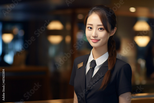 beautiful asian female hotel receptionist standing in front of the hotel reception counter