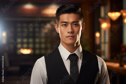 asian male hotel receptionist standing in front of the hotel reception counter