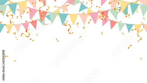 party colorful pastel flags and gold confetti falling on transparent background. celebration, birthday, festa, carnival, anniversaries and holiday