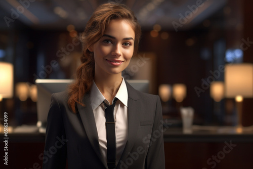 Wallpaper Mural female hotel receptionist standing in front of the hotel reception counter Torontodigital.ca