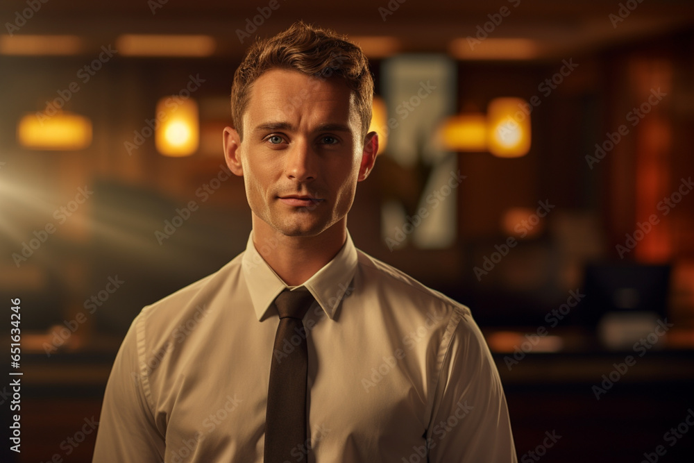 Fototapeta premium male hotel receptionist standing in front of the hotel reception counter