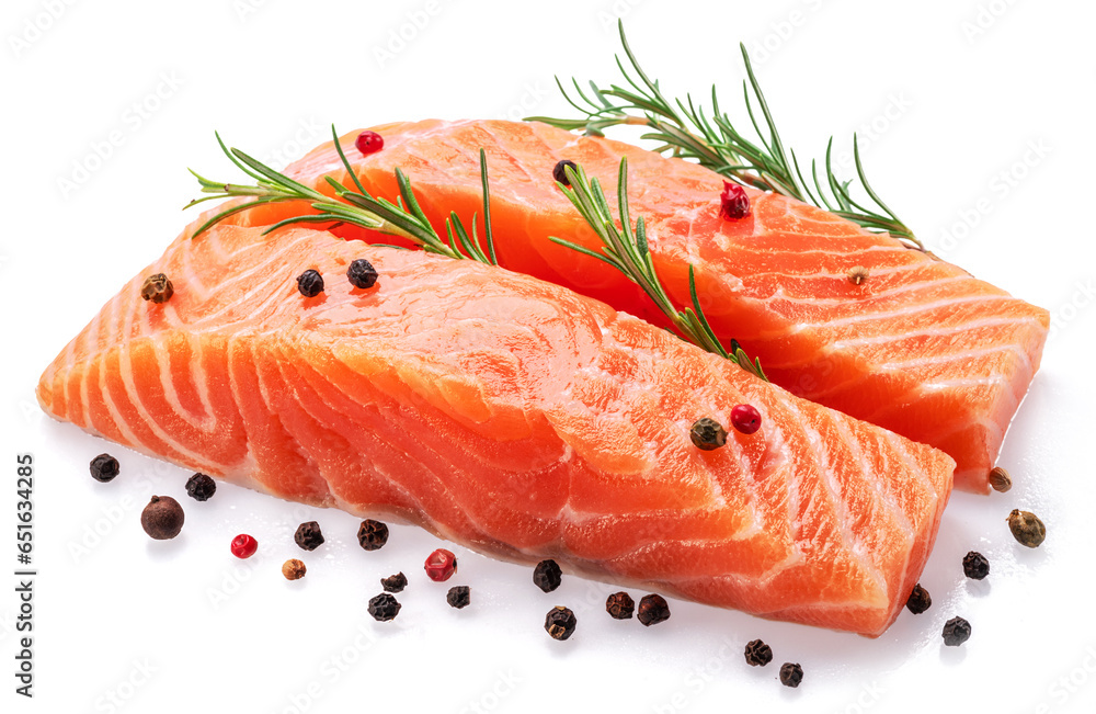 Salmon, fresh salmon fillet slices with herbs isolated on white background. Salmon, fresh salmon fillet slices with herbs isolated on white background.
