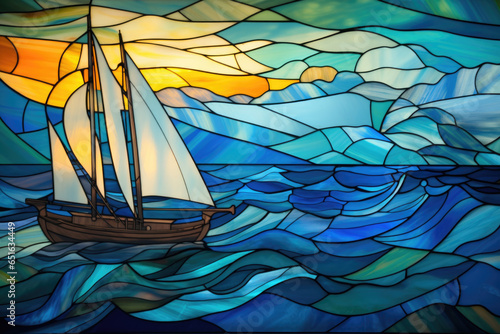 Illustration in stained glass style with nature landscape, sea, boat and waves background photo