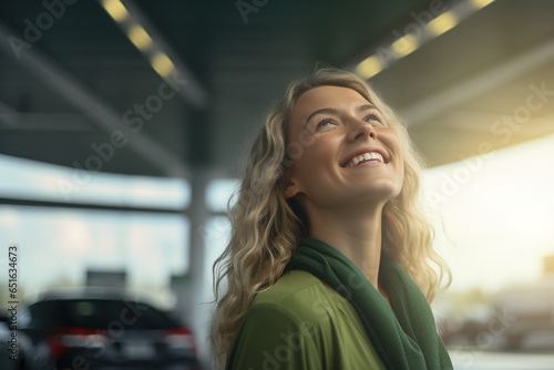 Smiling woman with car standing in gas station