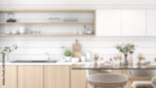 blur modern kitchen interior, modern minimalist style, For a backdrop for presenting products Appliances, equipment, kitchen utensils.