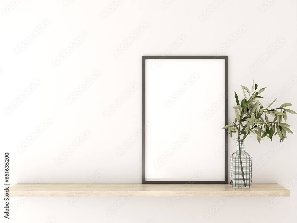 Mockup a poster picture frame in Interior living room design, modern minimalist style. wooden shelves, flower vases. white walls. 3D render Mockup a poster picture frame in Interior living room design, modern minimalist style. wooden shelves, flower vases. white walls. 3D render