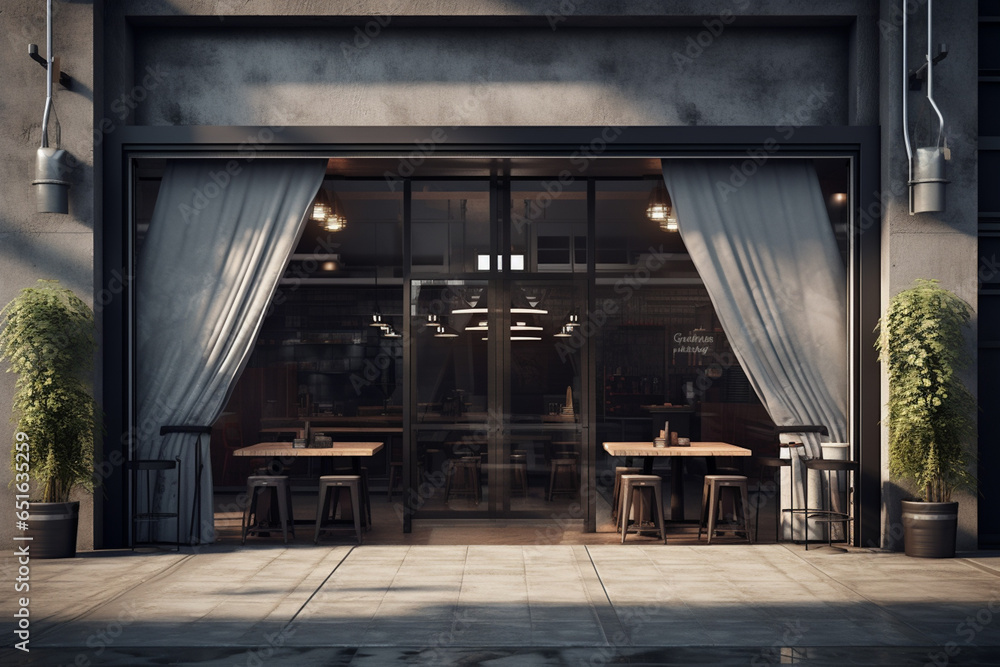 a dark black restaurant with a circular arched entrance