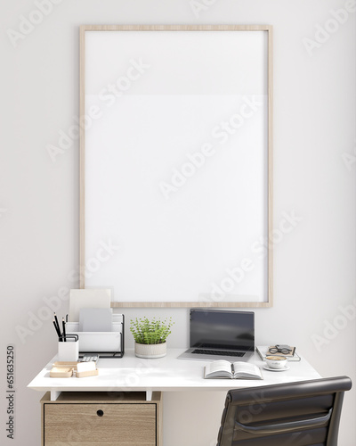 Mockup poster picture frame in Interior living room design, modern minimalist style. Work desk, notebook computer, vase, pencil, notebook, white wall. 3D render © DJSPIDA FOTO