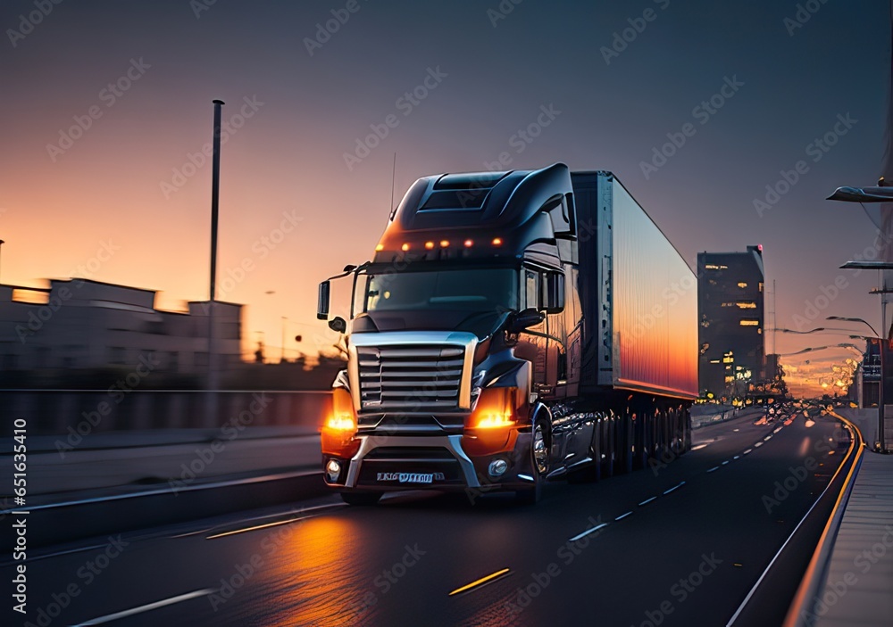 Truck driving on the asphalt road in a beautiful landscape at sunset with dark clouds. Generative AI