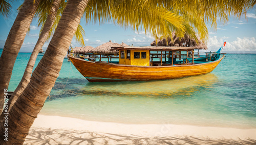 Boat on the seashore, palm trees