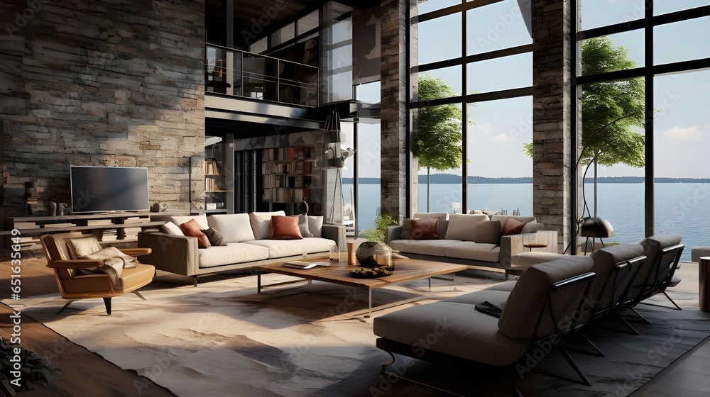 Industrial Luxury coastal style home interior design of modern living room in seaside house. Generate AI