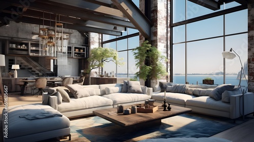 Industrial Luxury coastal style home interior design of modern living room in seaside house. Generate AI © Muzikitooo