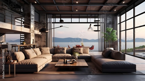 Industrial style home interior design of modern living room with sea view. Generate AI