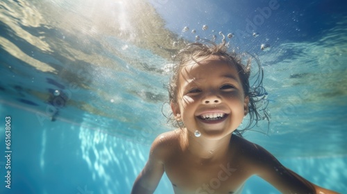 Cute smiling boy having fun swimming and diving in the pool at the resort on summer vacation. Sun shines under water and sparkling water reflection. Activities and sports to happy kid.. © pinkrabbit