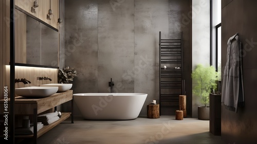 Industrial style interior design of modern bathroom with concrete wall. Generate AI