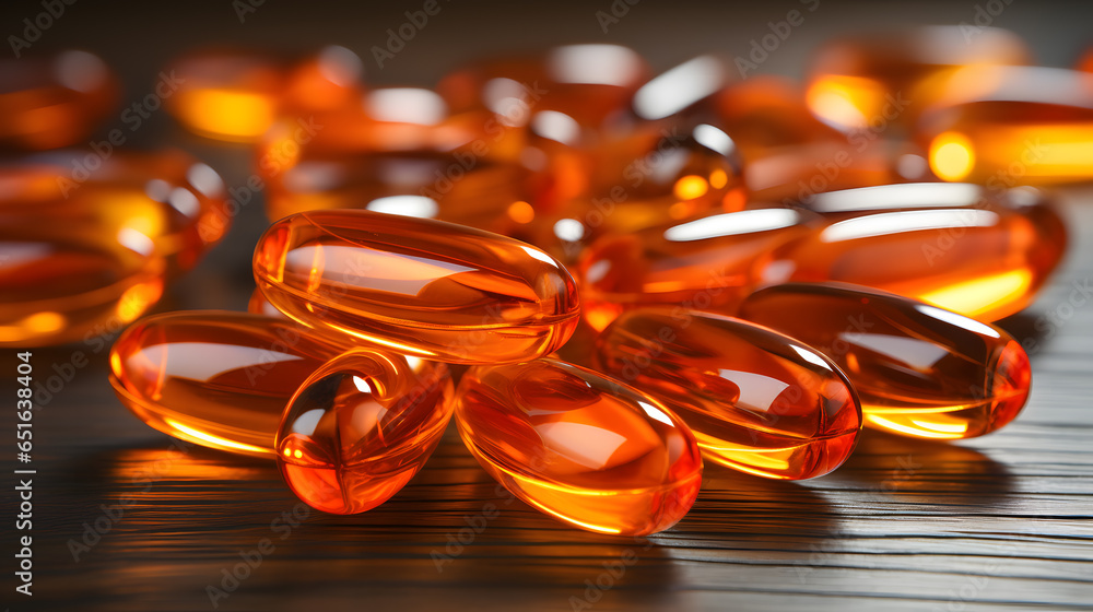 Fish oil capsules on wooden background, vitamin D supplement Fish oil capsules on wooden background, vitamin D supplement