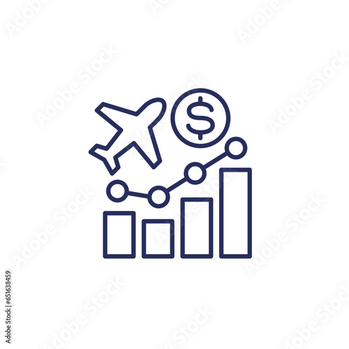 Flight cost growth, rising airfare line icon